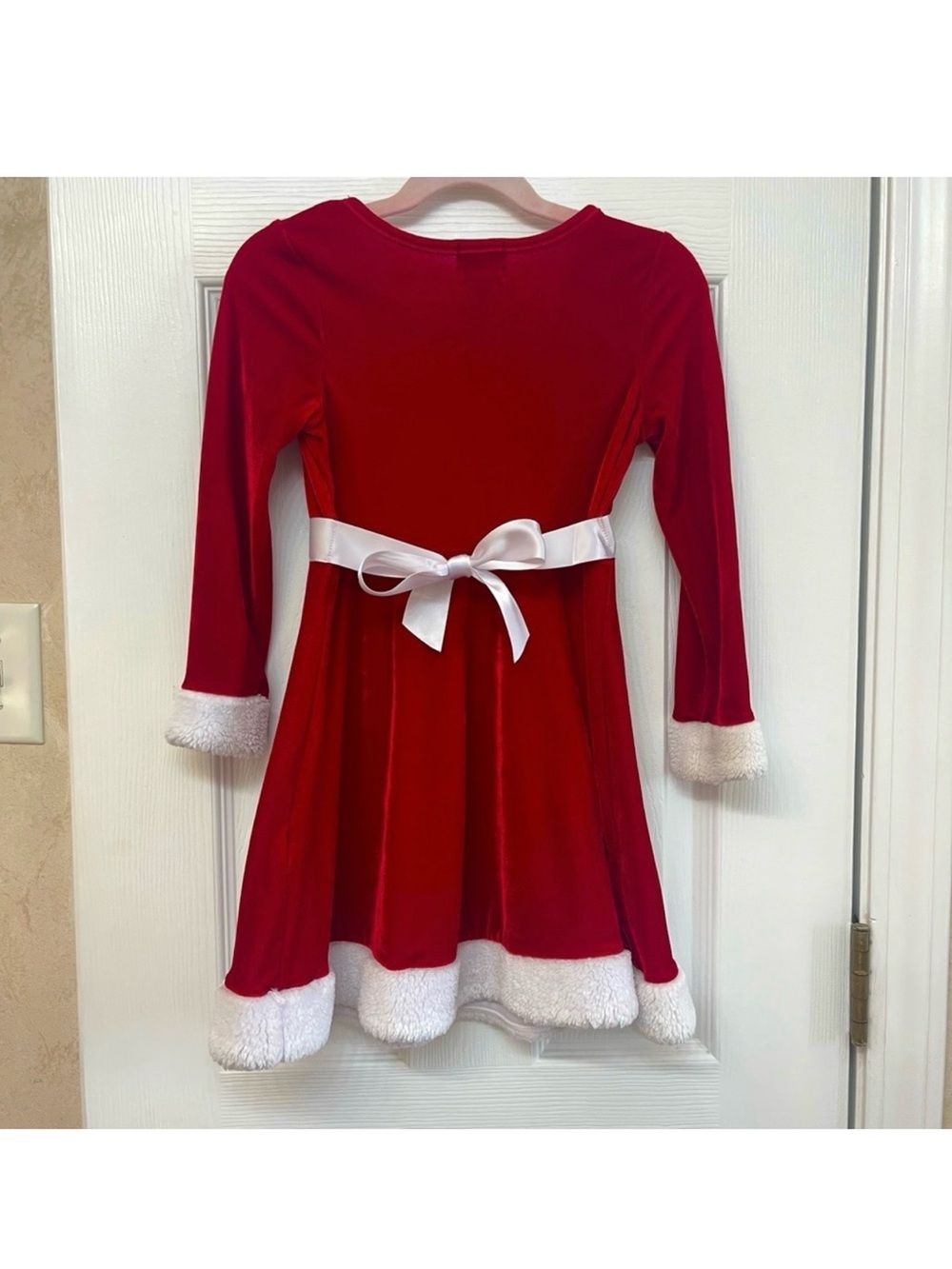 Red Velvet Christmas Holiday Dress with White Trim - Picture 2 of 3
